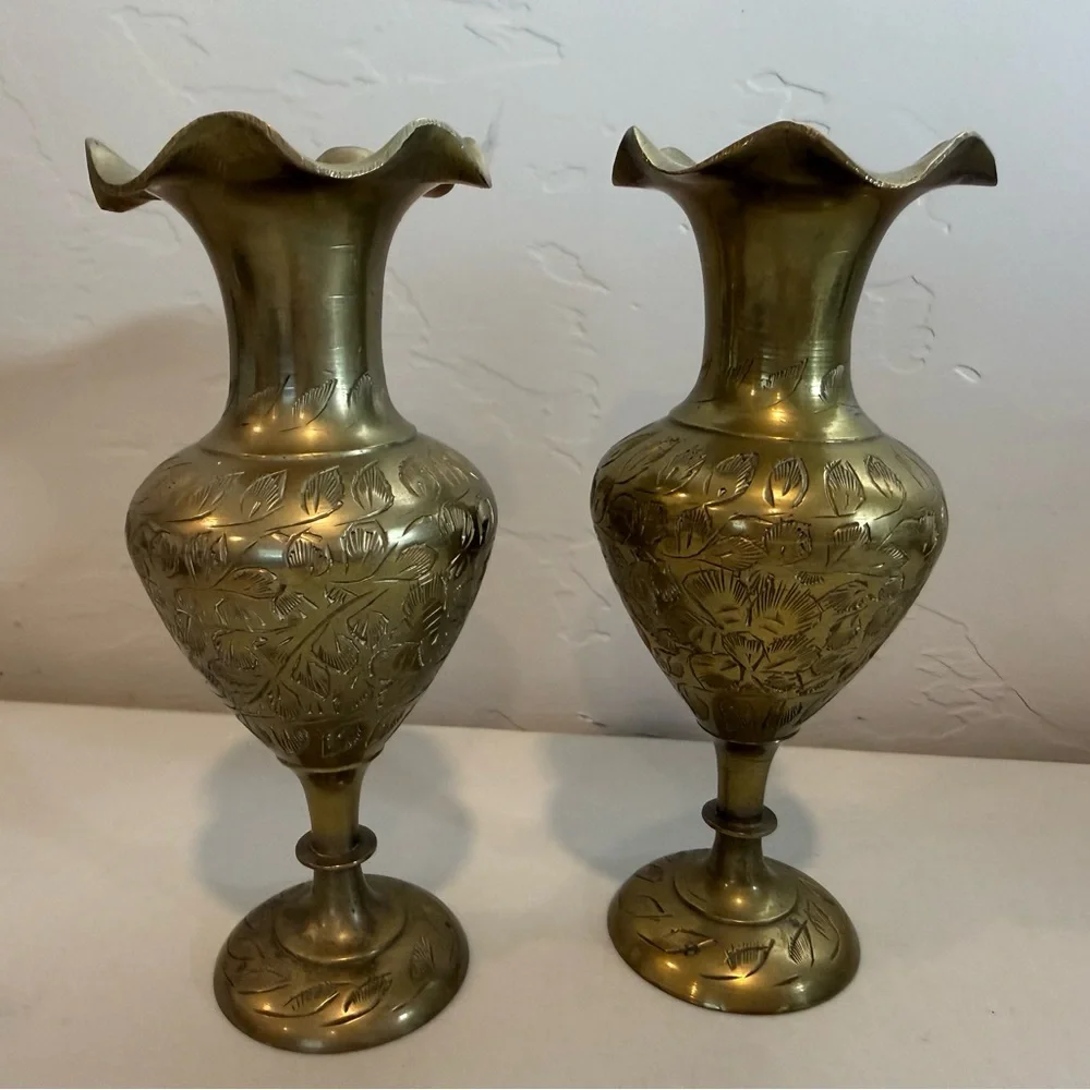 Vintage Pair of 2 Solid Brass Etched Floral Scalloped Vases signed Made in India